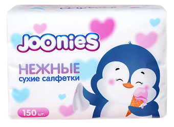 Joonies (Джунис) салфетки сухие бумажные белые для детей 150шт