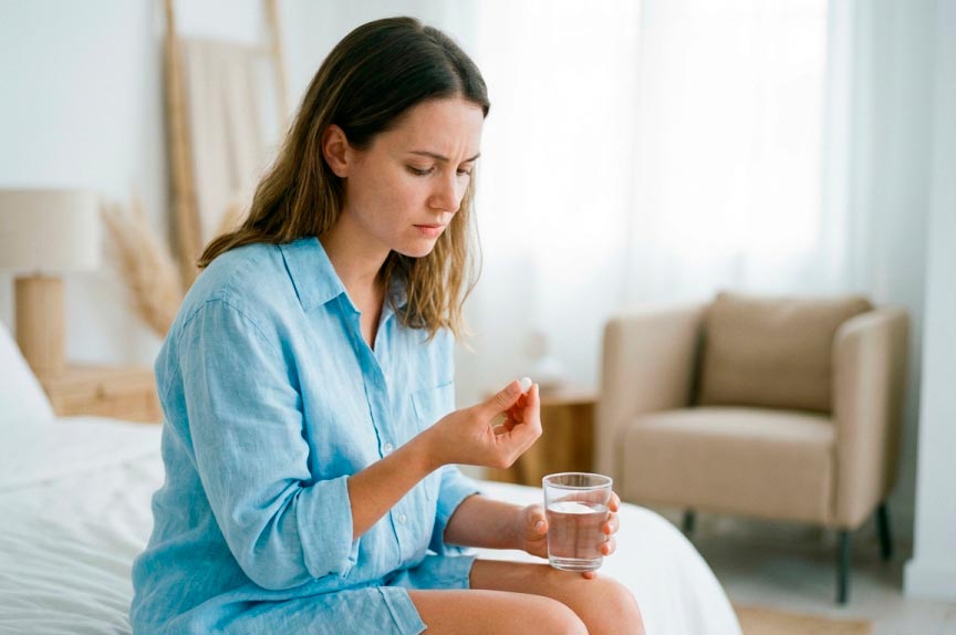 Женщина пьет таблетку при СРК