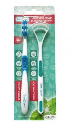 Купить таймдент (timedent) набор зубная щетка для взрослых средняя + языкочистка в Балахне