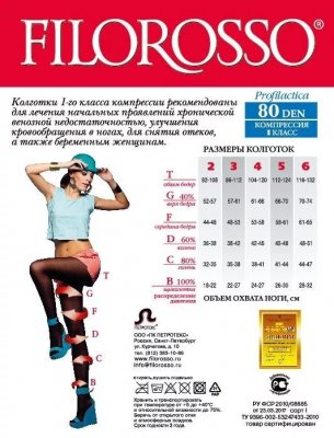 Купить филороссо (filorosso) колготки женские профилактика 80 ден, 1 класс компрессии, размер 6, черные в Балахне