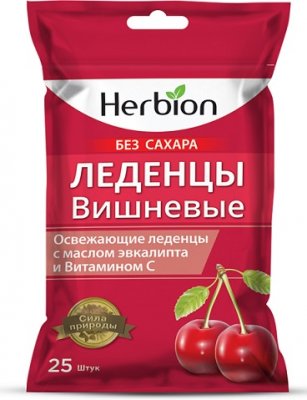 Купить herbion (хербион), леденцы с маслом эвкалипт и витамином с вишневые без сахара, пакет 62,5г в Балахне