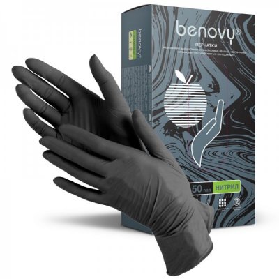 Купить перчатки benovy смотровые нитриловые нестерильные неопудрен текстурир с однократной хлорацией размер s 50 пар, черные в Балахне