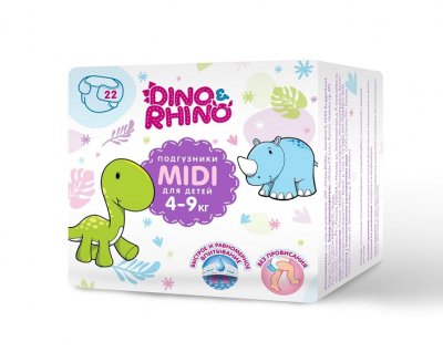 Купить подгузники для детей дино и рино (dino & rhino) размер midi 4-9 кг, 22 шт в Балахне