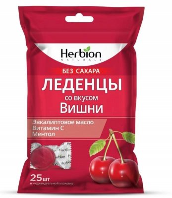 Купить herbion (хербион) с эвкалиптовым маслом, витамином с и ментолом со вкусом вишни без сахара, леденцы массой 2,5г 25 шт бад в Балахне