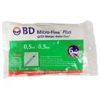 Купить шприц 0,5мл bd инсулиновый u-100 микро-файн плюс с иглой 31g 0,25х6мм 10шт в Балахне