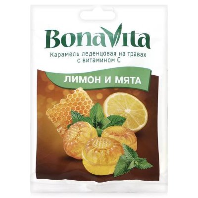 Купить bonavita (бона вита) карамель леденцовая на травах лимон и мята с витамином с, пакет 60г бад в Балахне