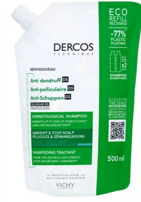 Купить vichy dercos (виши) шампунь-уход против перхоти для нормальных и жирных волос, сменный блок 500мл в Балахне